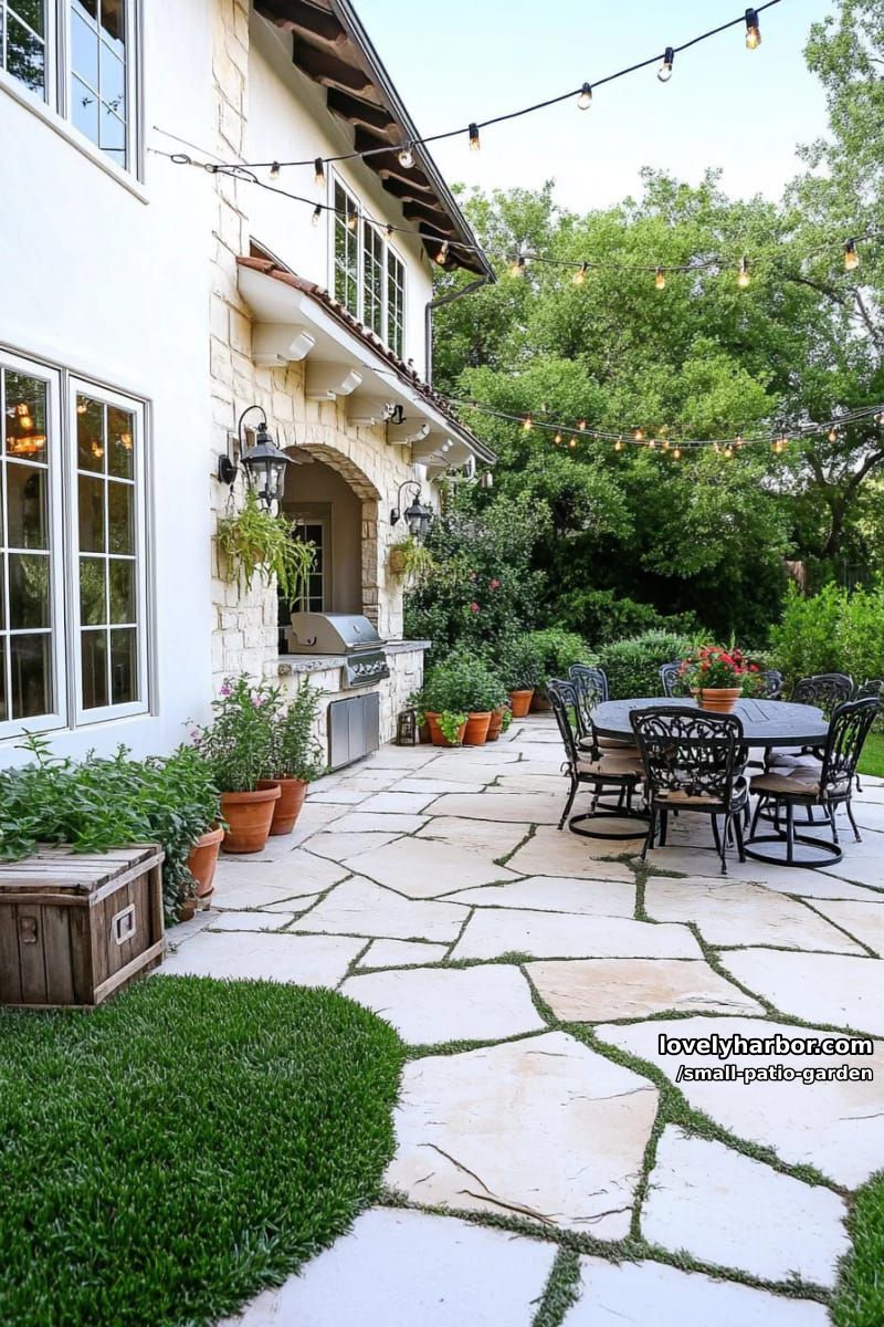rectangular patio with light pavers, metal dining set, grills, and overgrown grass. 1