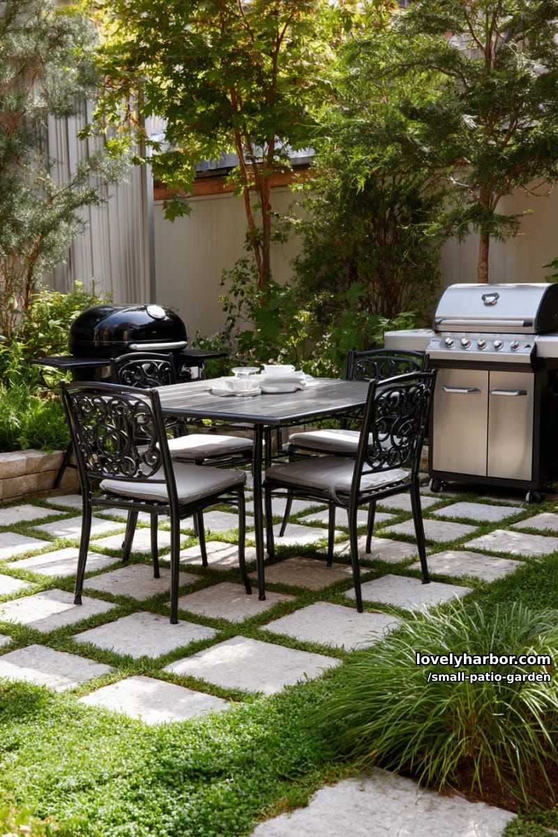 rectangular patio with light pavers, metal dining set, grills, and overgrown grass. 1