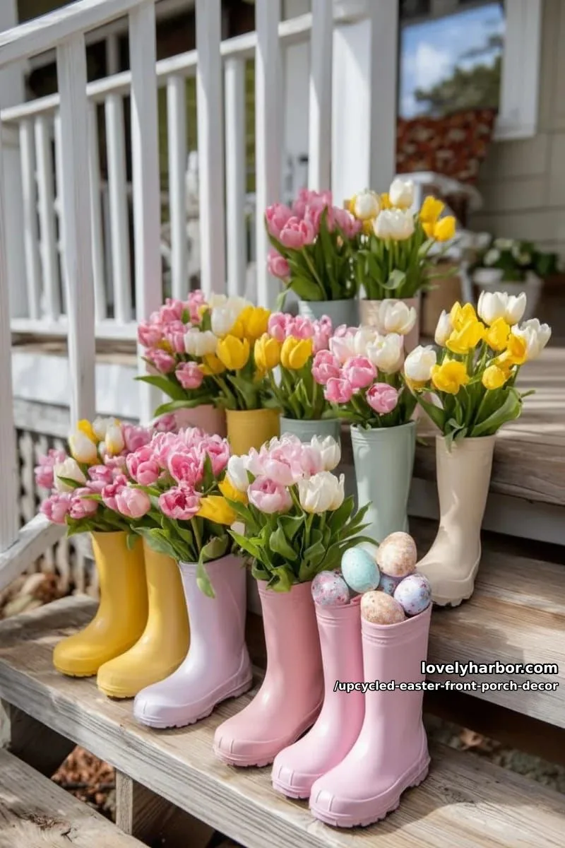 repurposed rain boots lined along porch steps, stuffed with faux tulips and eggs 1