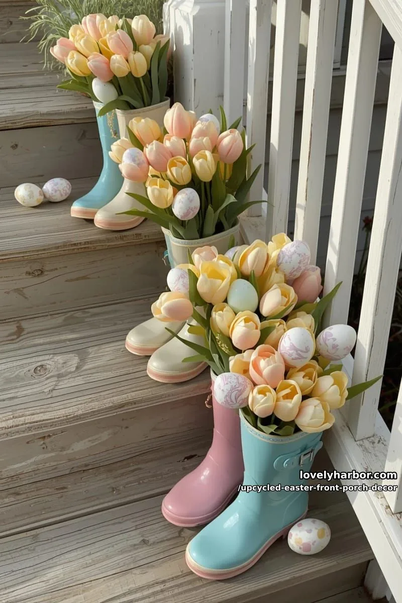 repurposed rain boots lined along porch steps, stuffed with faux tulips and eggs 1