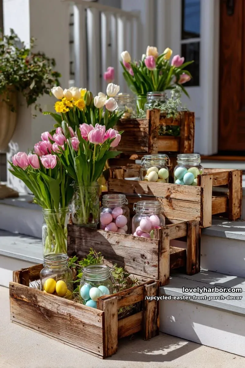 repurposed wooden crates stacked with jars of dyed eggs and blooming tulips 1