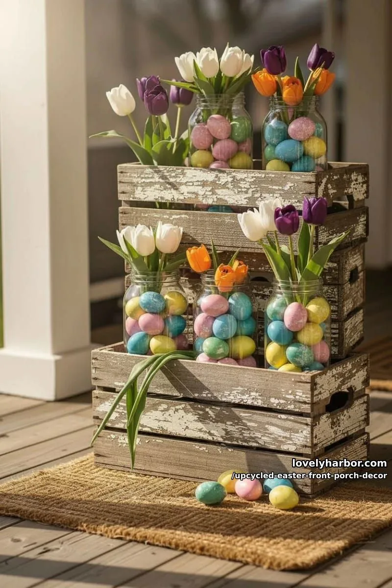 repurposed wooden crates stacked with jars of dyed eggs and blooming tulips 1