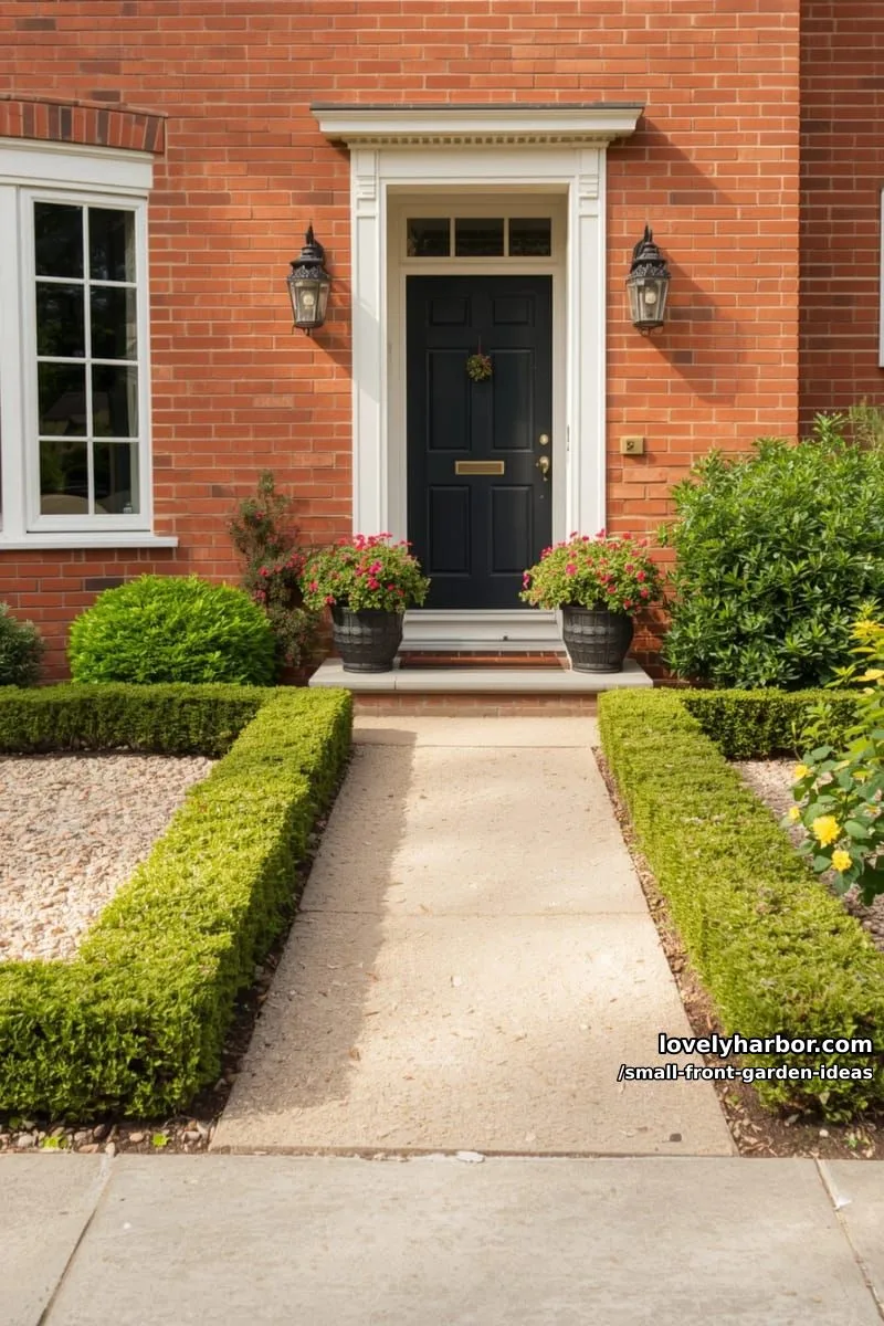 residential exterior with brick facade, boxwood shrubs, and gravel bed. 1
