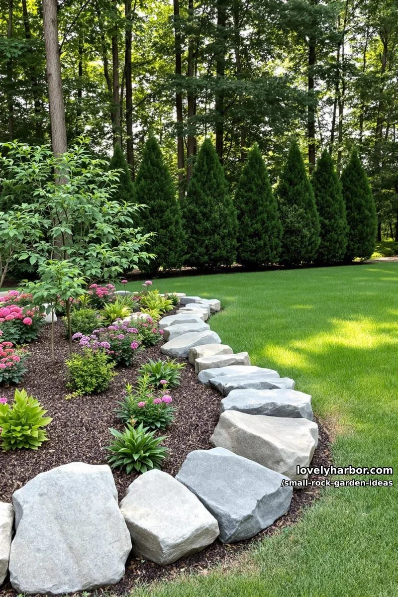 rock garden along flower bed edge with pink and purple blossoms. 1