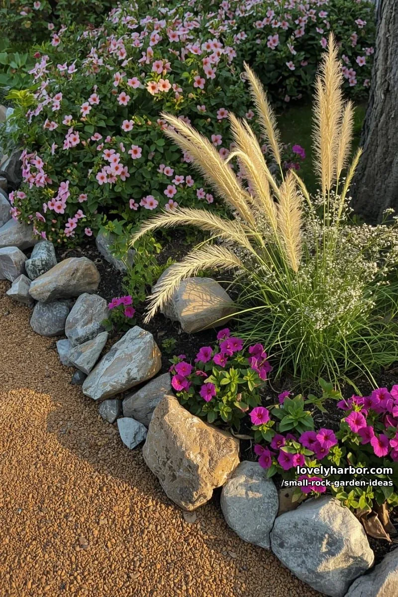 rock garden along flower bed edge with pink and purple blossoms. 1
