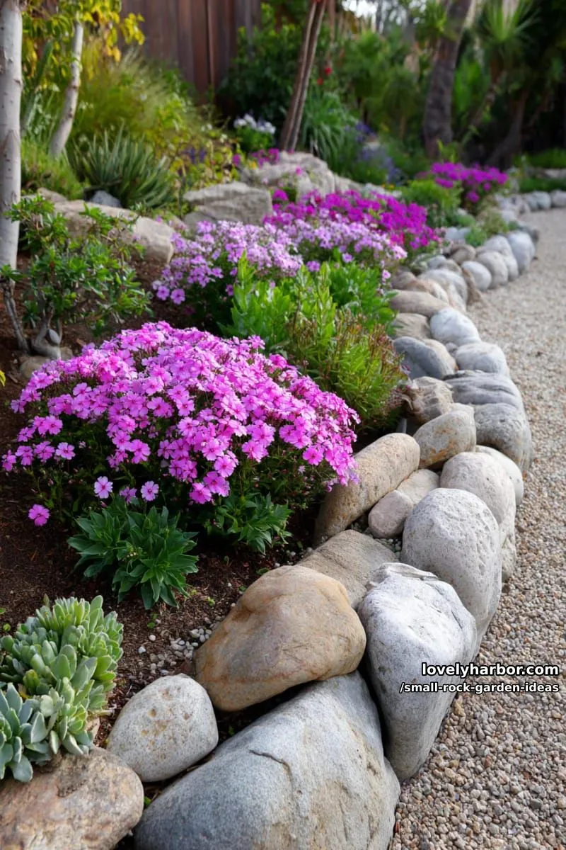 rock garden along flower bed edge with pink and purple blossoms. 1