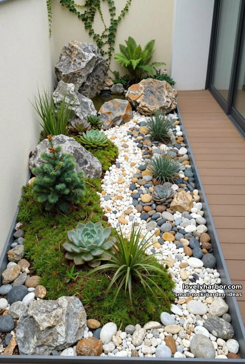 rock gardens: pebble containers, succulent paths, pond, and minimalist designs. 1