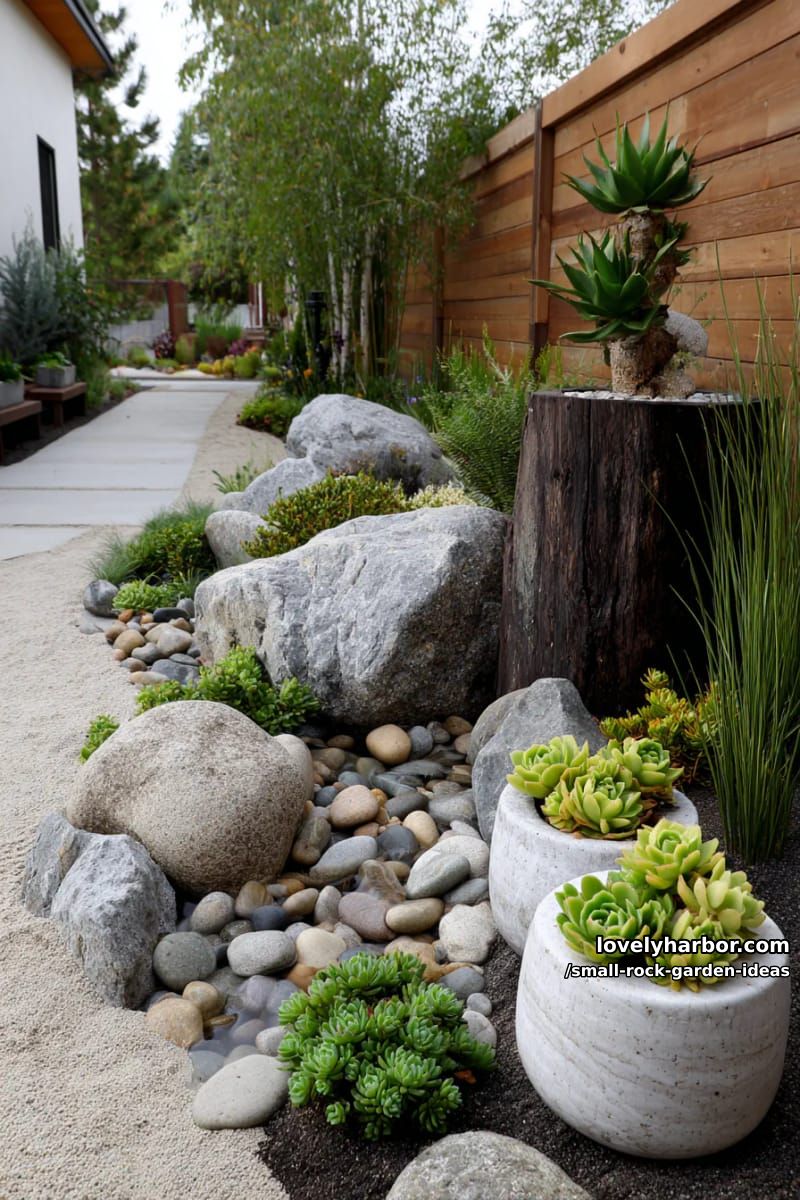 rock gardens: pebble containers, succulent paths, pond, and minimalist designs. 1