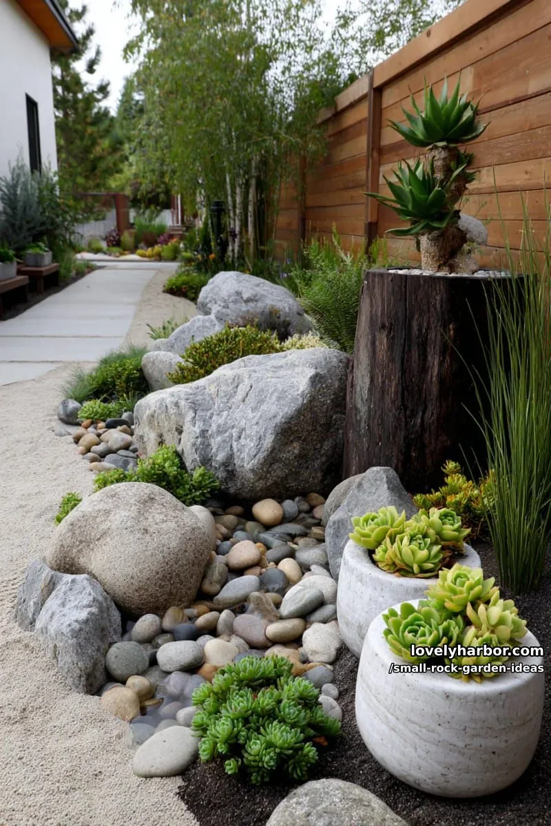 rock gardens: pebble containers, succulent paths, pond, and minimalist designs. 1
