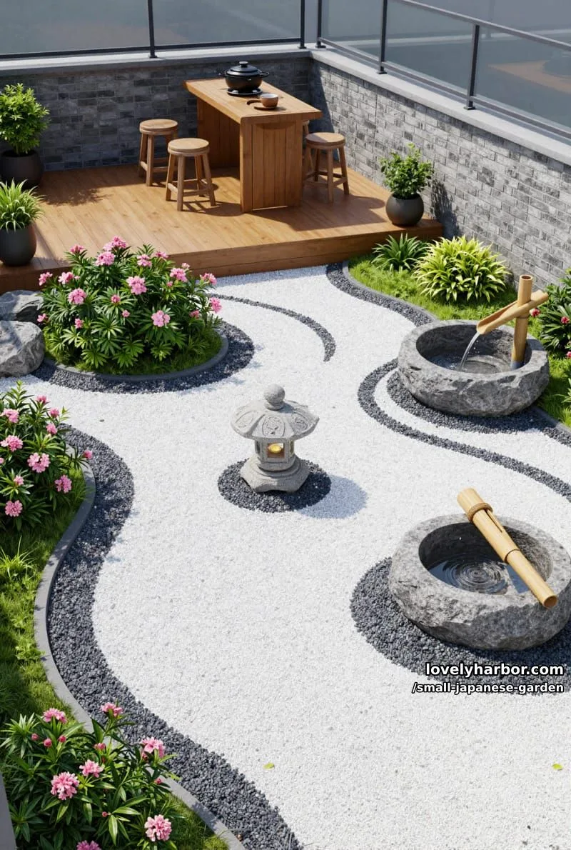 20 Small Japanese Garden Designs That Feel Like A Zen Retreat 36 rooftop zen garden with gravel patterns, stone lantern, bamboo water feature 1