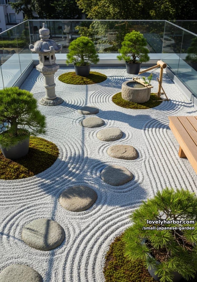 rooftop zen garden with gravel patterns, stone lantern, bamboo water feature 1