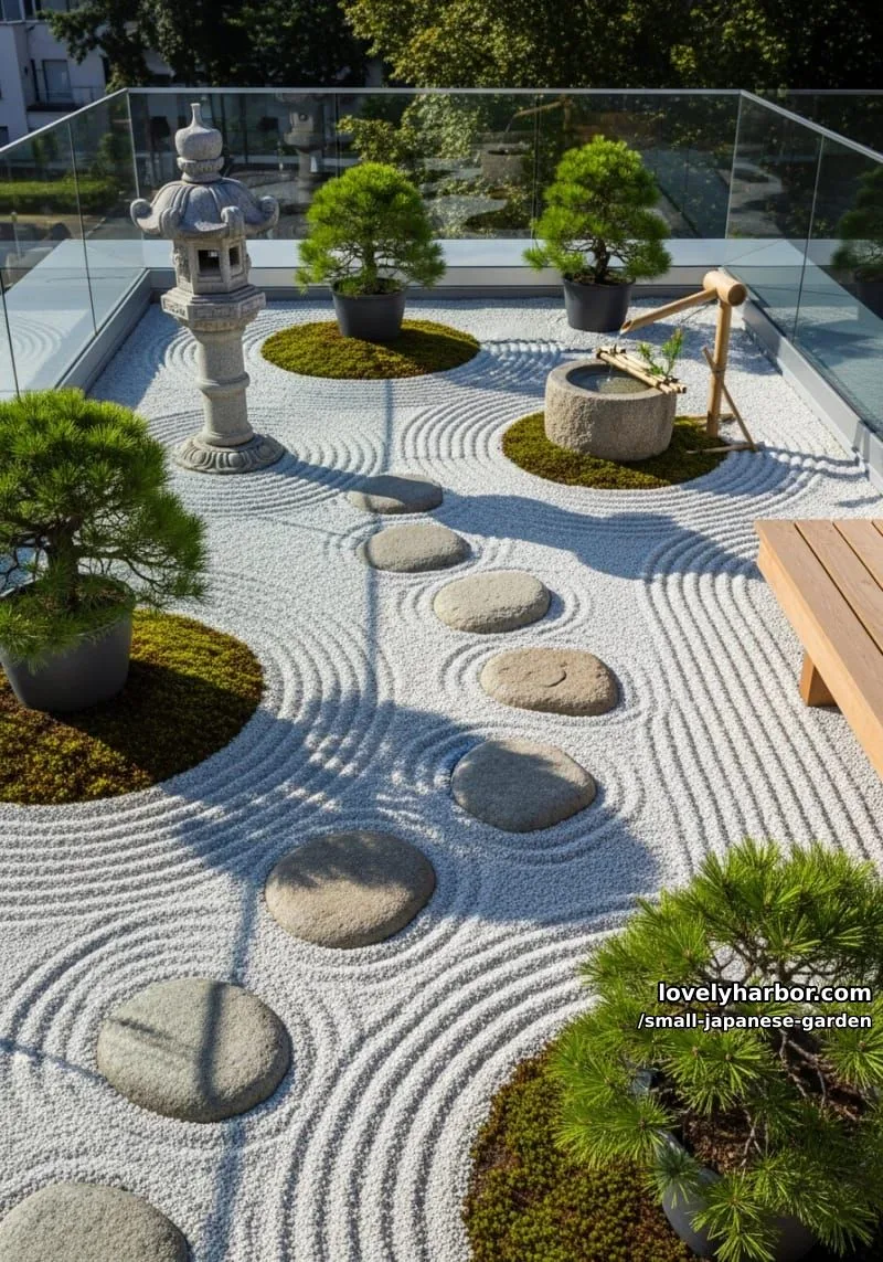 20 Small Japanese Garden Designs That Feel Like A Zen Retreat 37 rooftop zen garden with gravel patterns, stone lantern, bamboo water feature 1