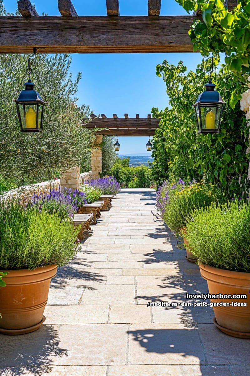 rows of aromatic rosemary hedges bordering sandstone paver pathways 1