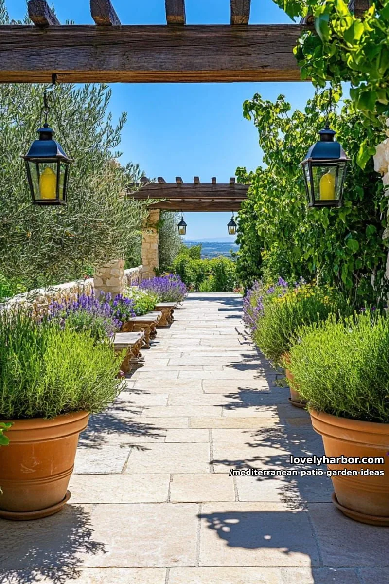 15 Mediterranean Patio Garden Ideas For A Dreamy Modern Homes 17 rows of aromatic rosemary hedges bordering sandstone paver pathways 1