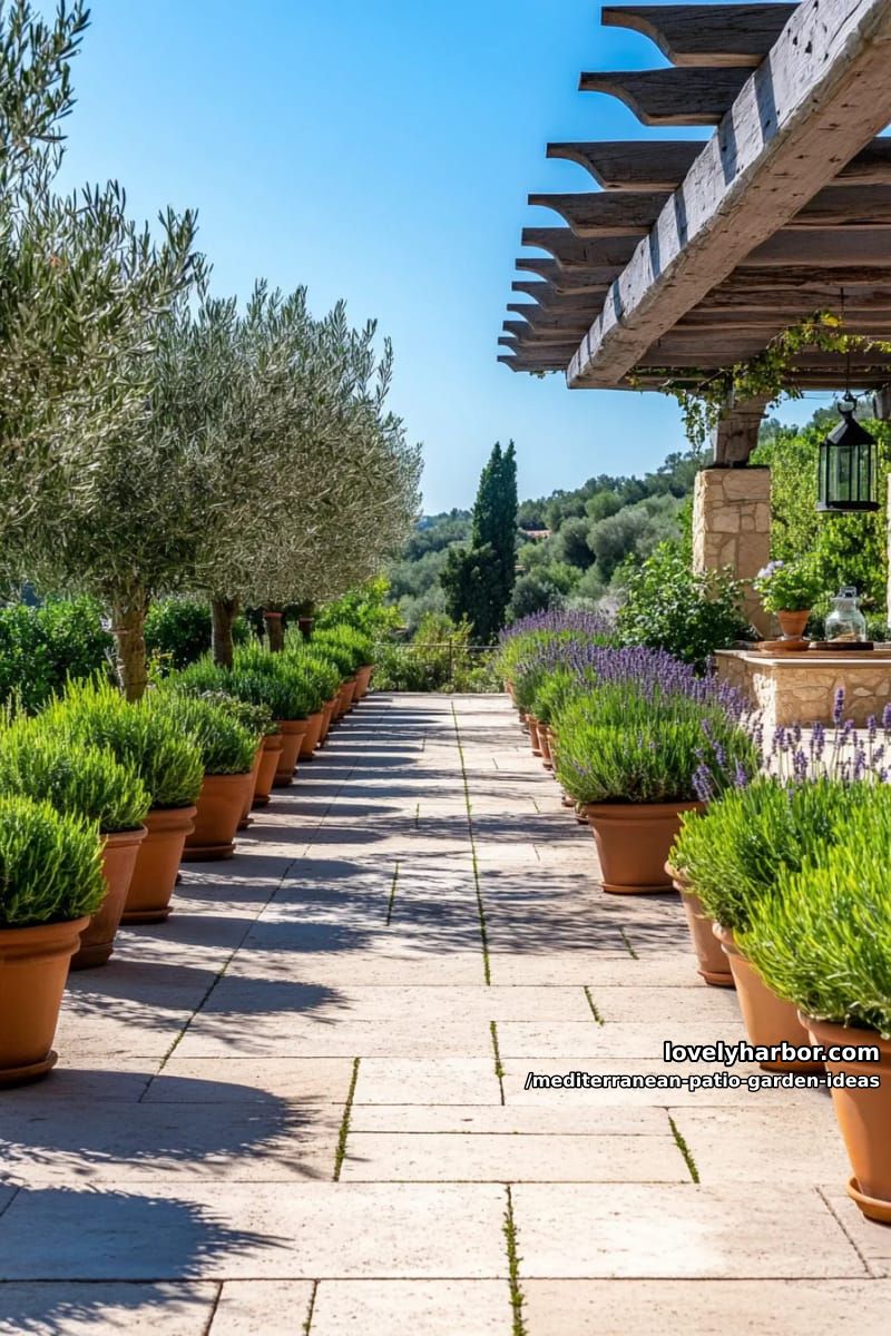 rows of aromatic rosemary hedges bordering sandstone paver pathways 1
