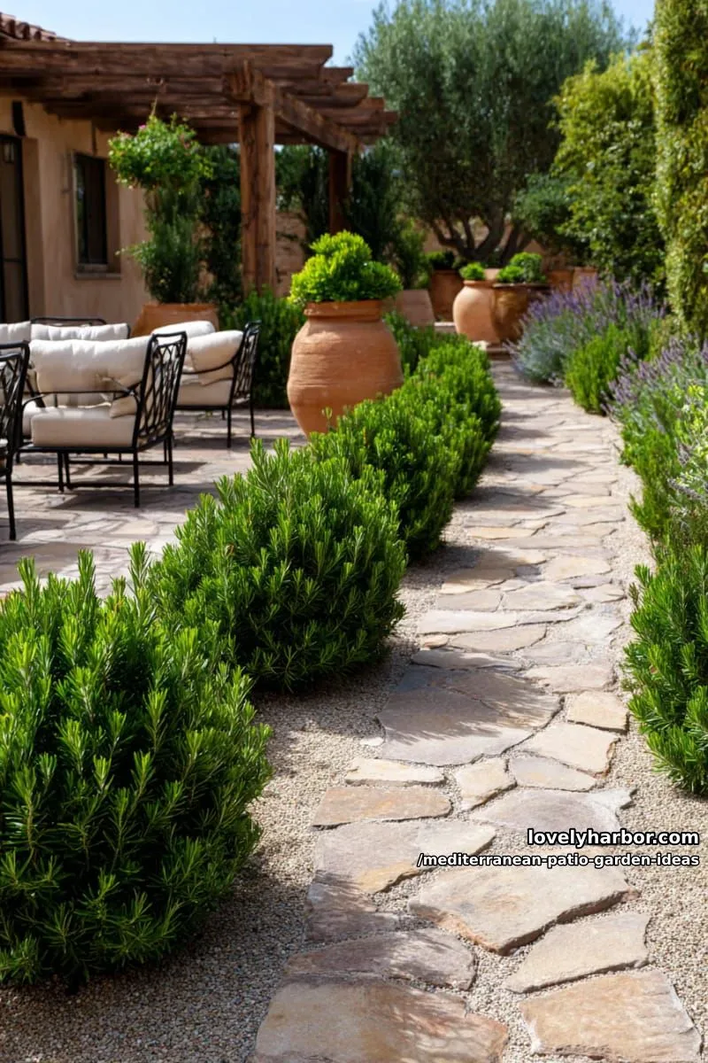 15 Mediterranean Patio Garden Ideas For A Dreamy Modern Homes 19 rows of aromatic rosemary hedges bordering sandstone paver pathways 1