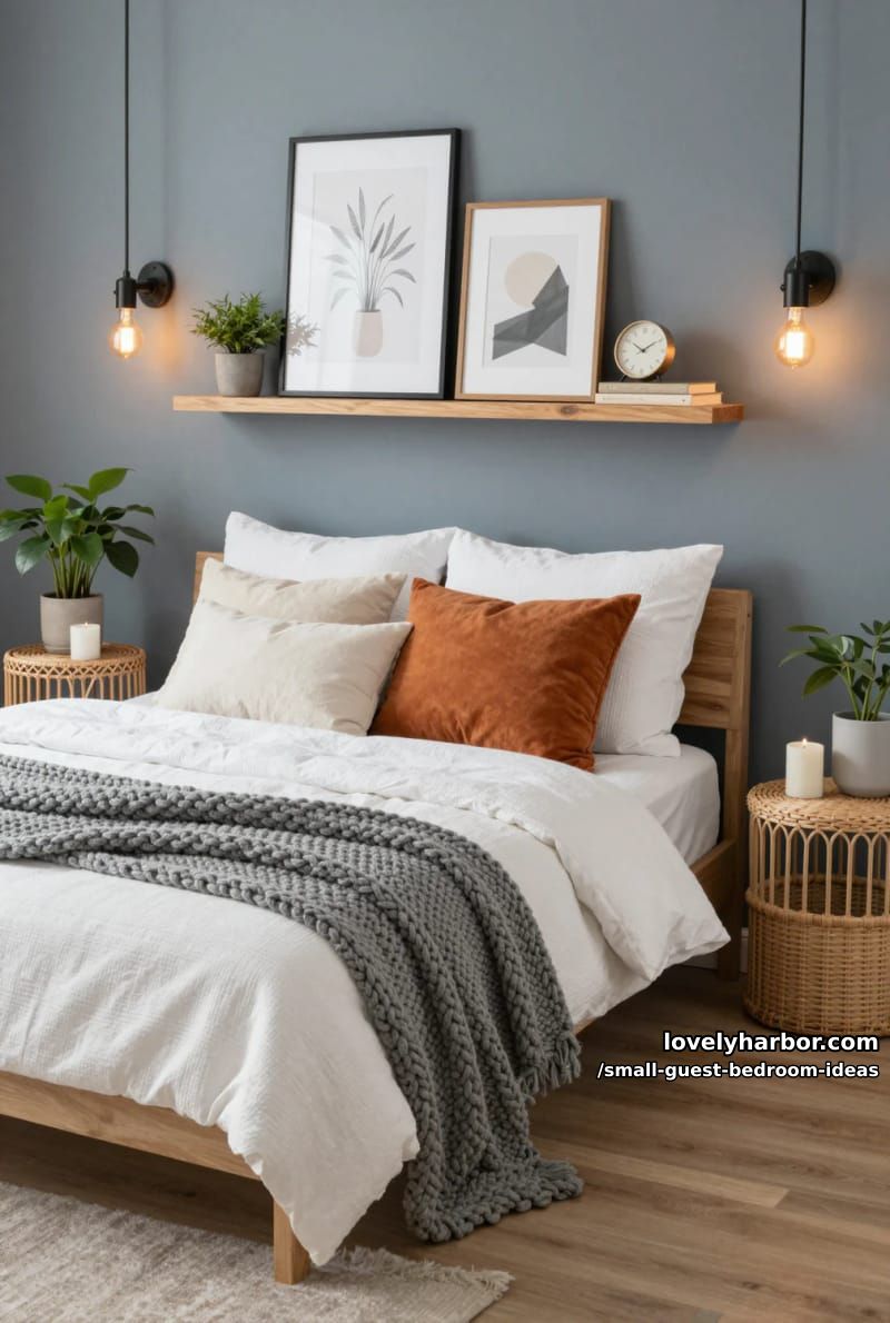 rustic bedroom with white bedding, knit throw, and blue-gray accent wall. 1