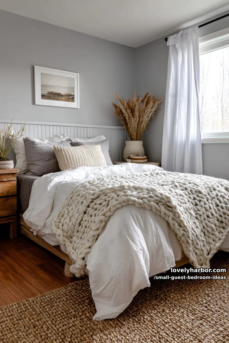 rustic bedroom with white bedding, knit throw, and blue-gray accent wall. 1