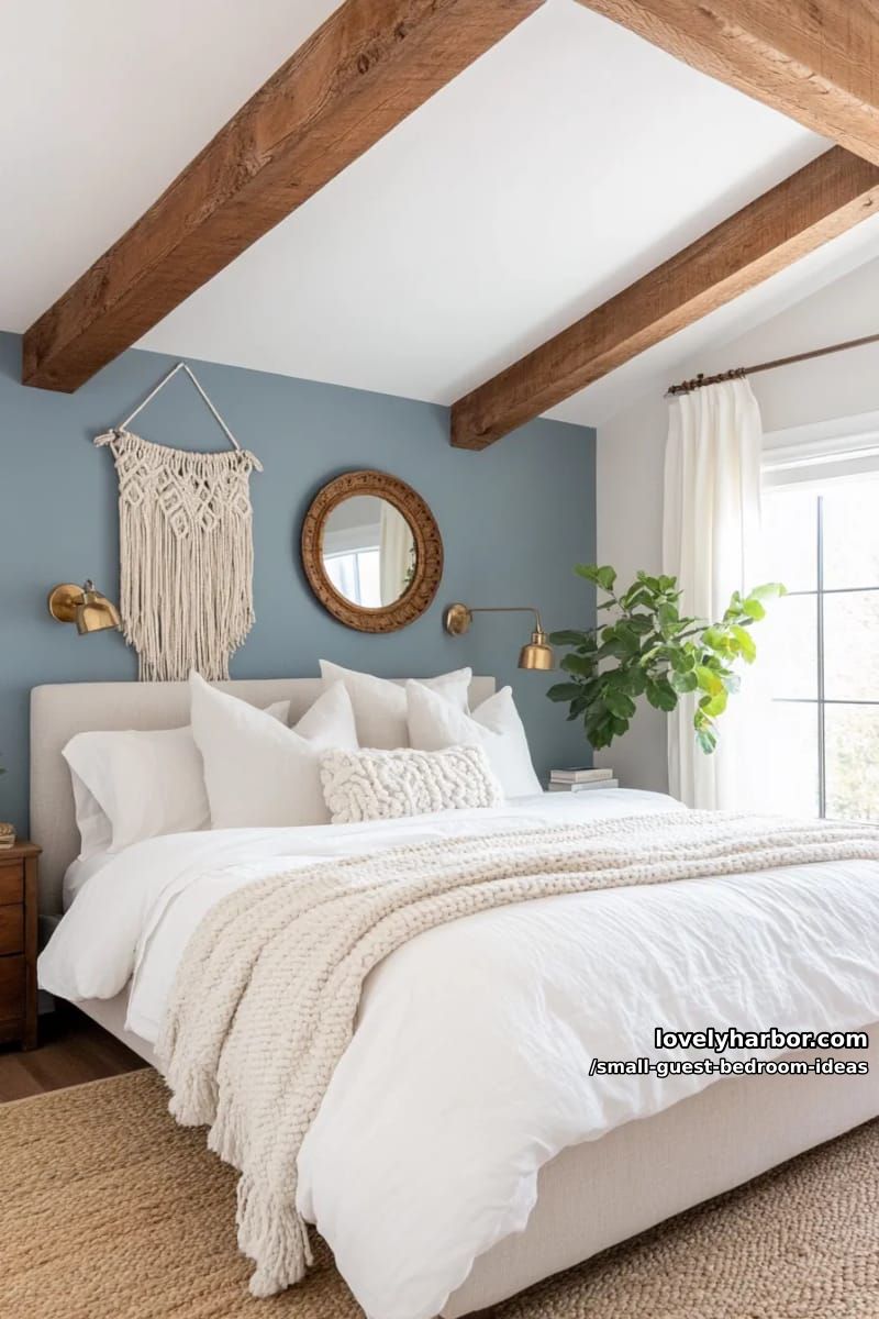 rustic bedroom with white bedding, knit throw, and blue-gray accent wall. 1