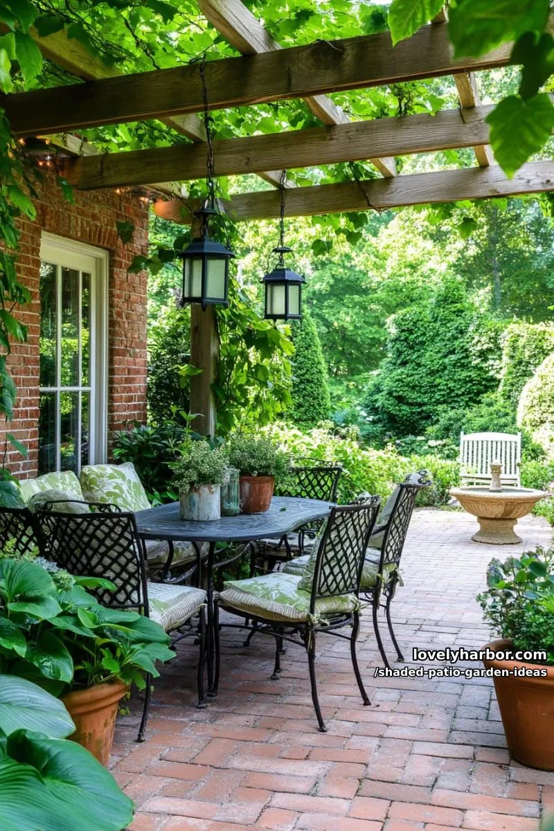 15 Dreamy Shaded Patio Garden Ideas to Inspire Your Backyard 14 rustic brick patio surrounded by tall shade plants and leafy vines 1