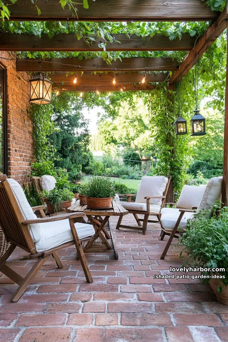 15 Dreamy Shaded Patio Garden Ideas to Inspire Your Backyard 15 rustic brick patio surrounded by tall shade plants and leafy vines 1