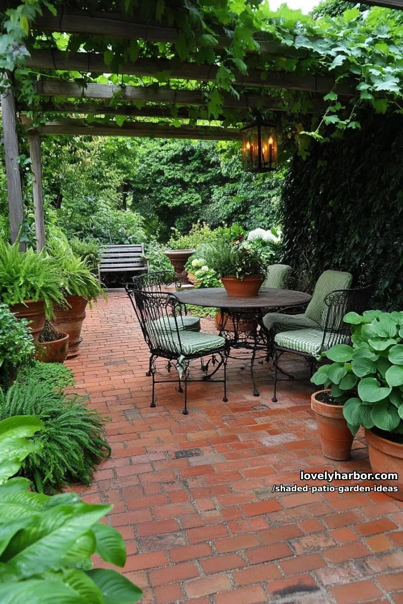 15 Dreamy Shaded Patio Garden Ideas to Inspire Your Backyard 16 rustic brick patio surrounded by tall shade plants and leafy vines 1
