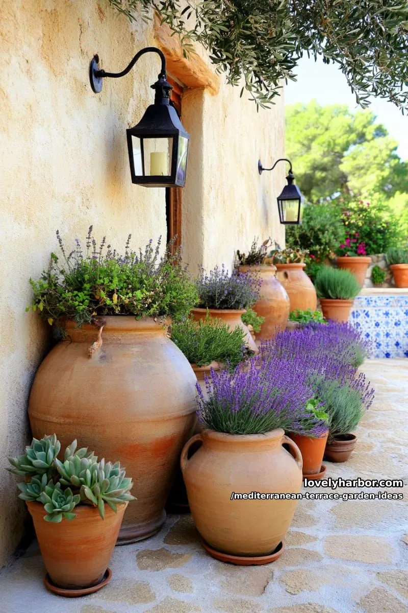 rustic clay amphorae arranged with succulents and cascading ivy 1