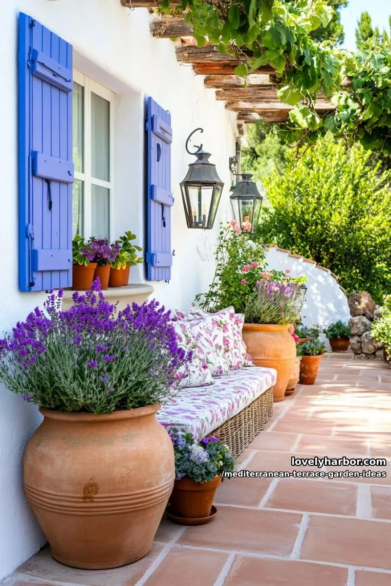 rustic clay amphorae arranged with succulents and cascading ivy 1