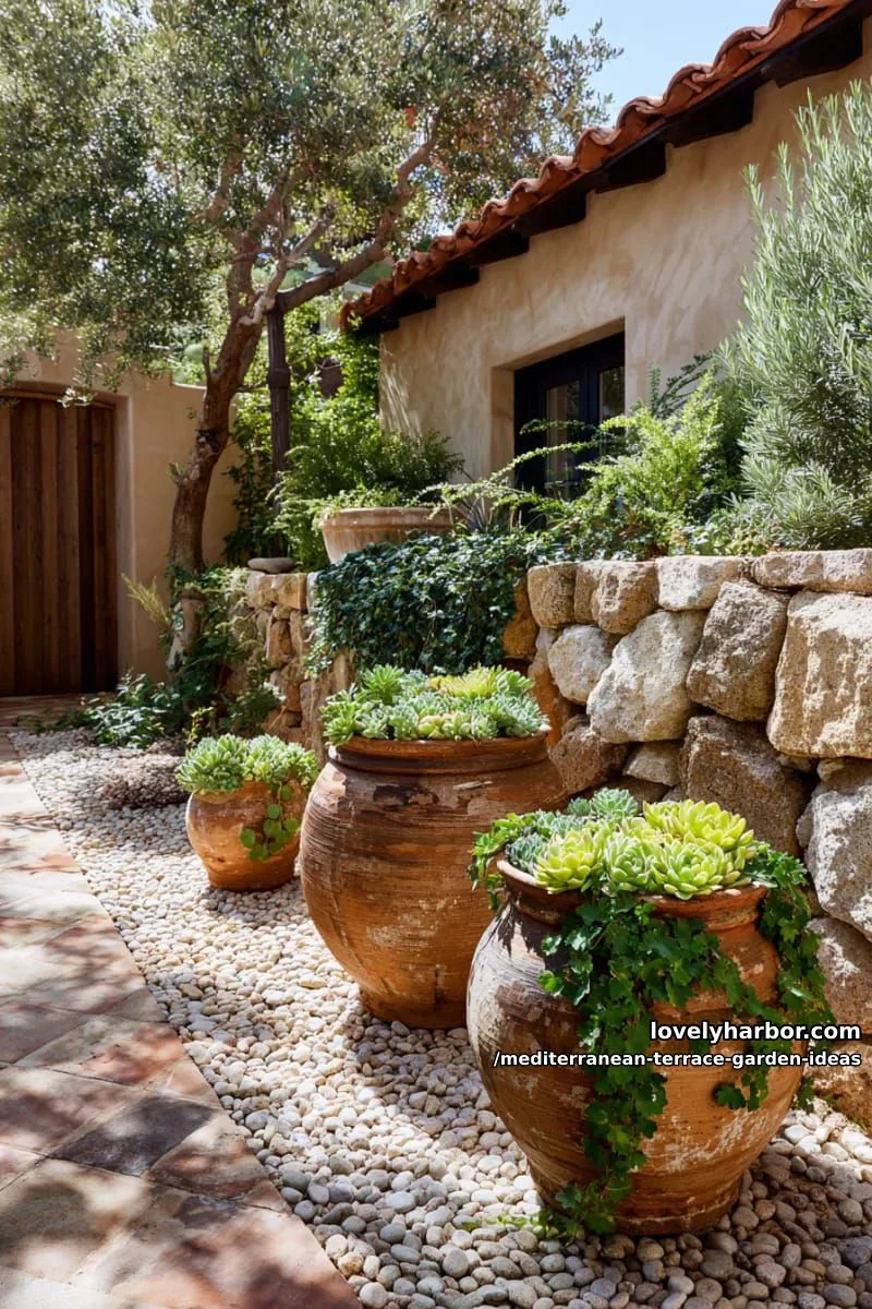 rustic clay amphorae arranged with succulents and cascading ivy 1
