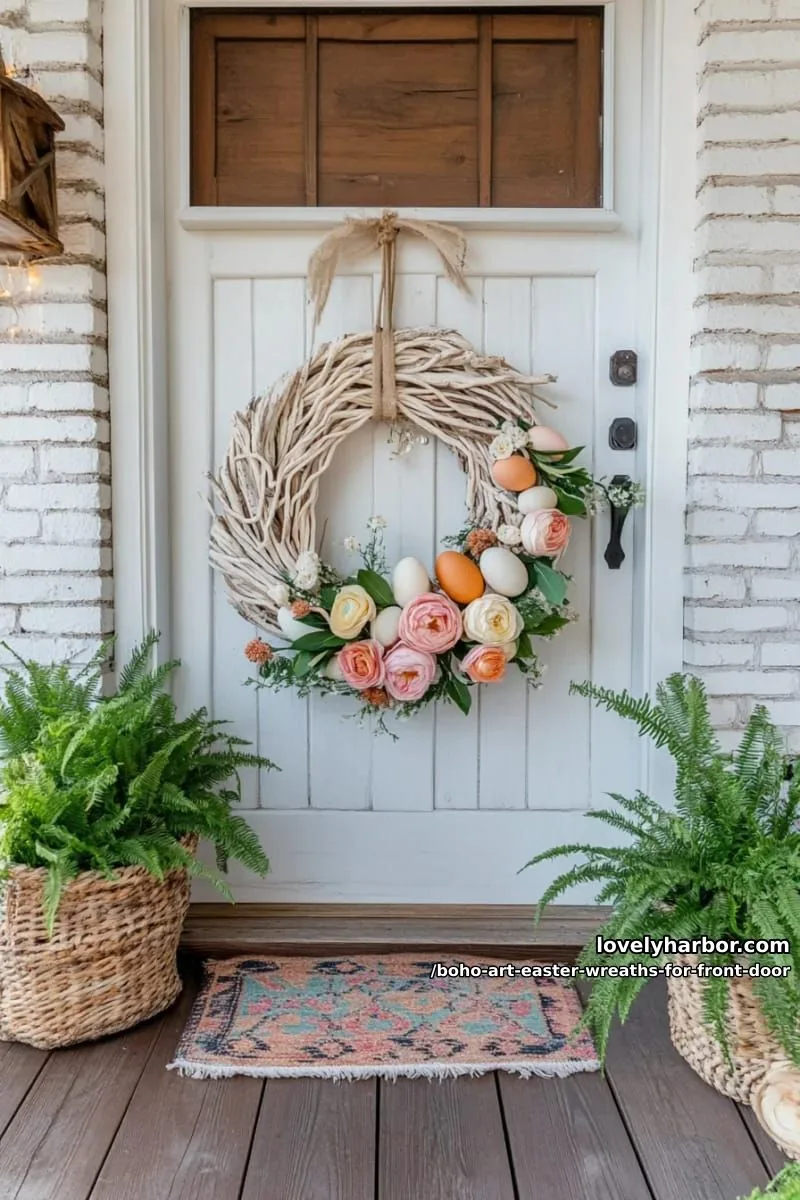 15 Boho Art Easter Wreaths for an Inviting Front Door 23 rustic driftwood base adorned with macramé panels, pastel eggs, and ranunculus 1