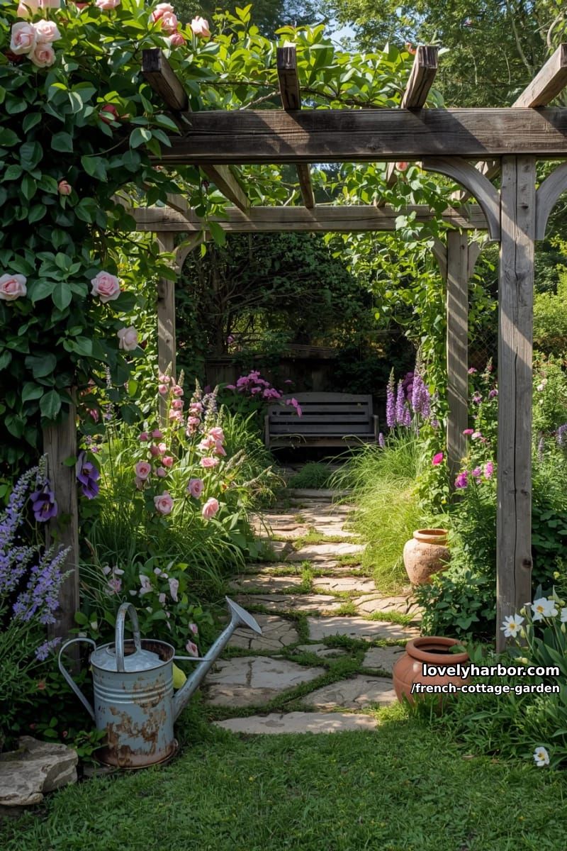 rustic garden with wooden pergola, flowering plants, and vintage watering can 1