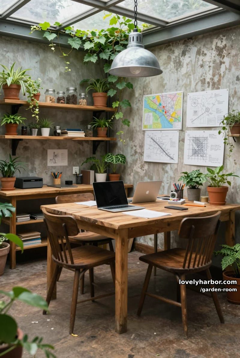 rustic indoor workspace with glass ceiling, wooden desks, and greenery. 1