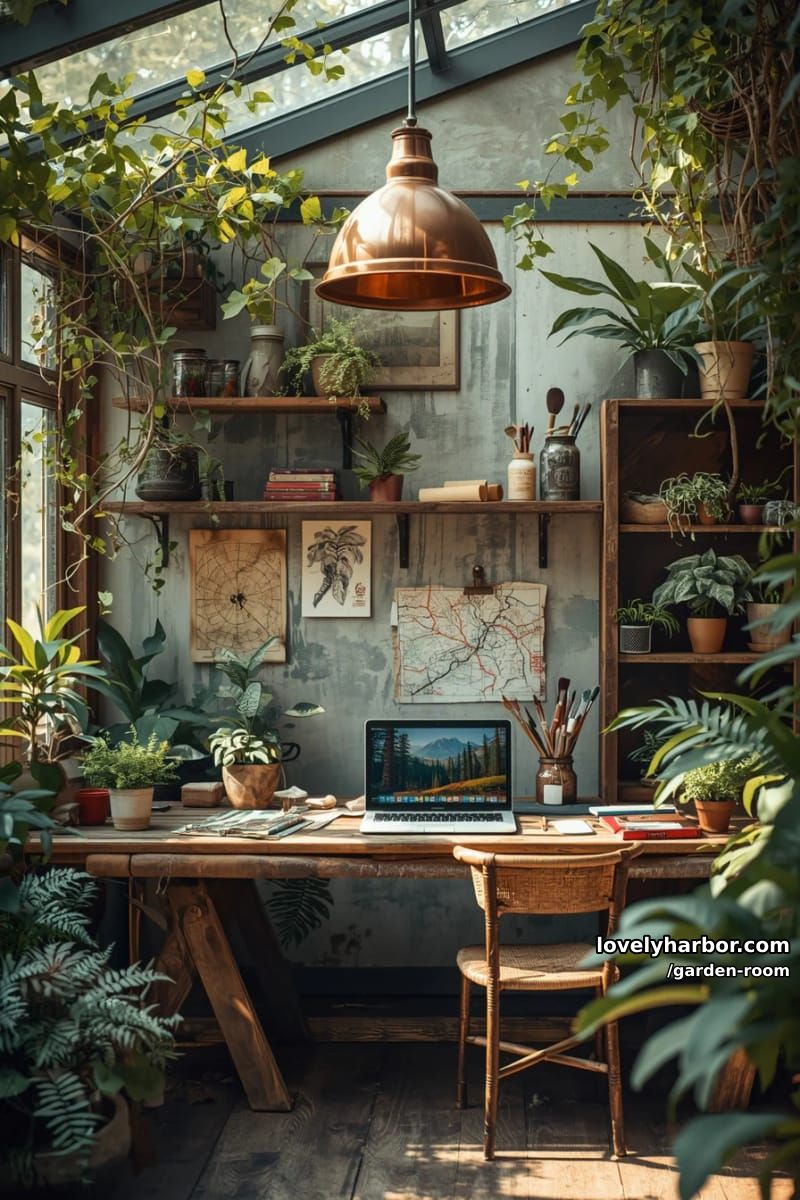 rustic indoor workspace with glass ceiling, wooden desks, and greenery. 1