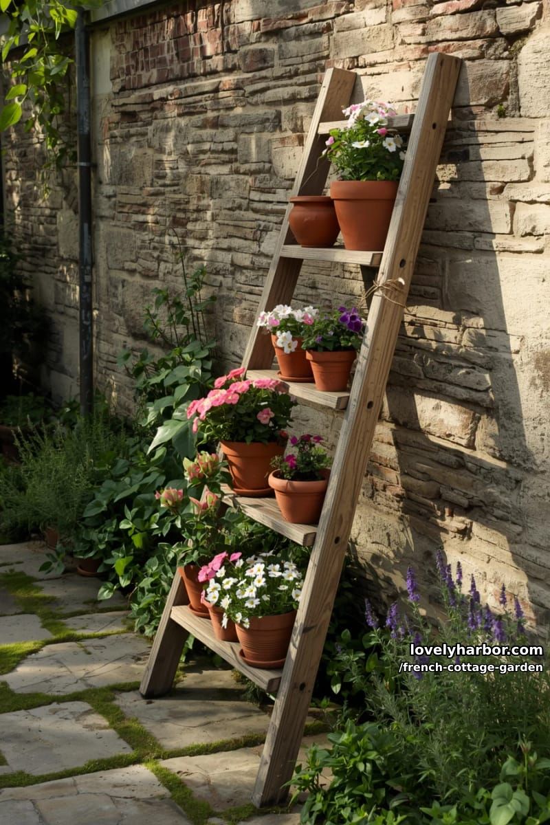 rustic ladder garden scene with terracotta pots, flowers, and dappled sunlight 1