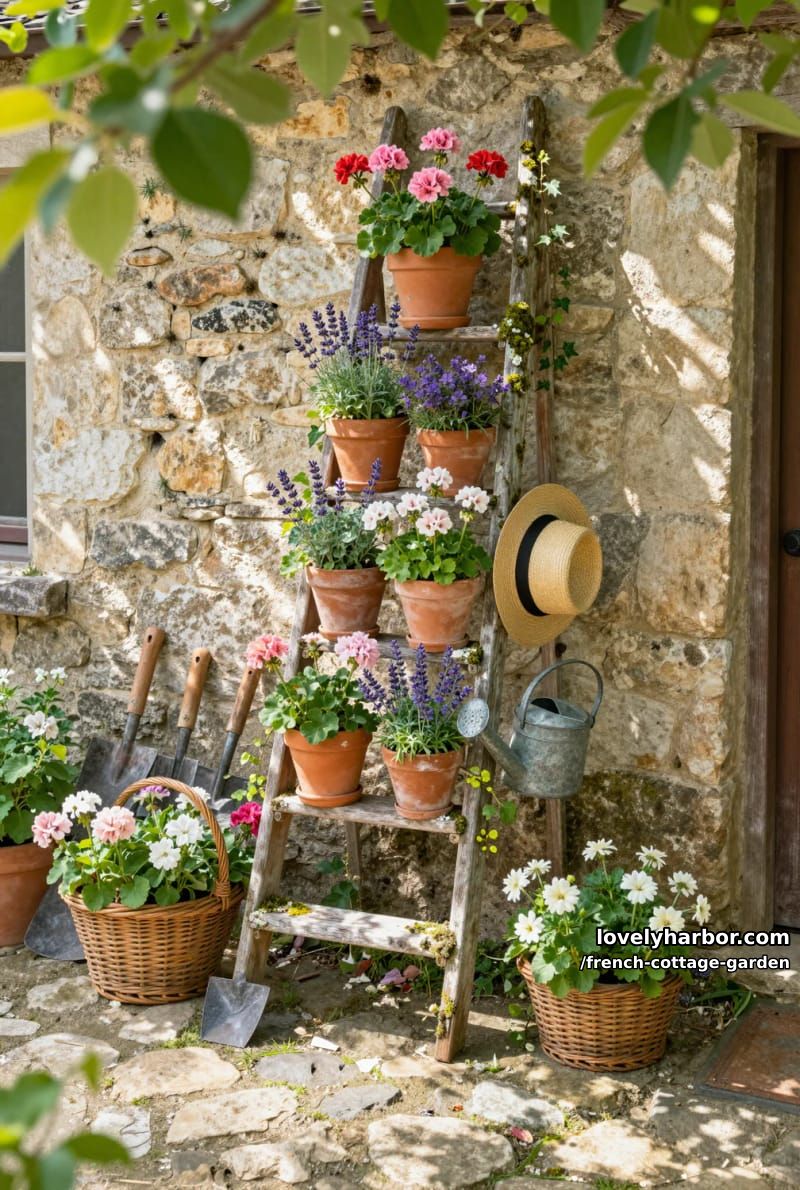 rustic ladder garden scene with terracotta pots, flowers, and dappled sunlight 1