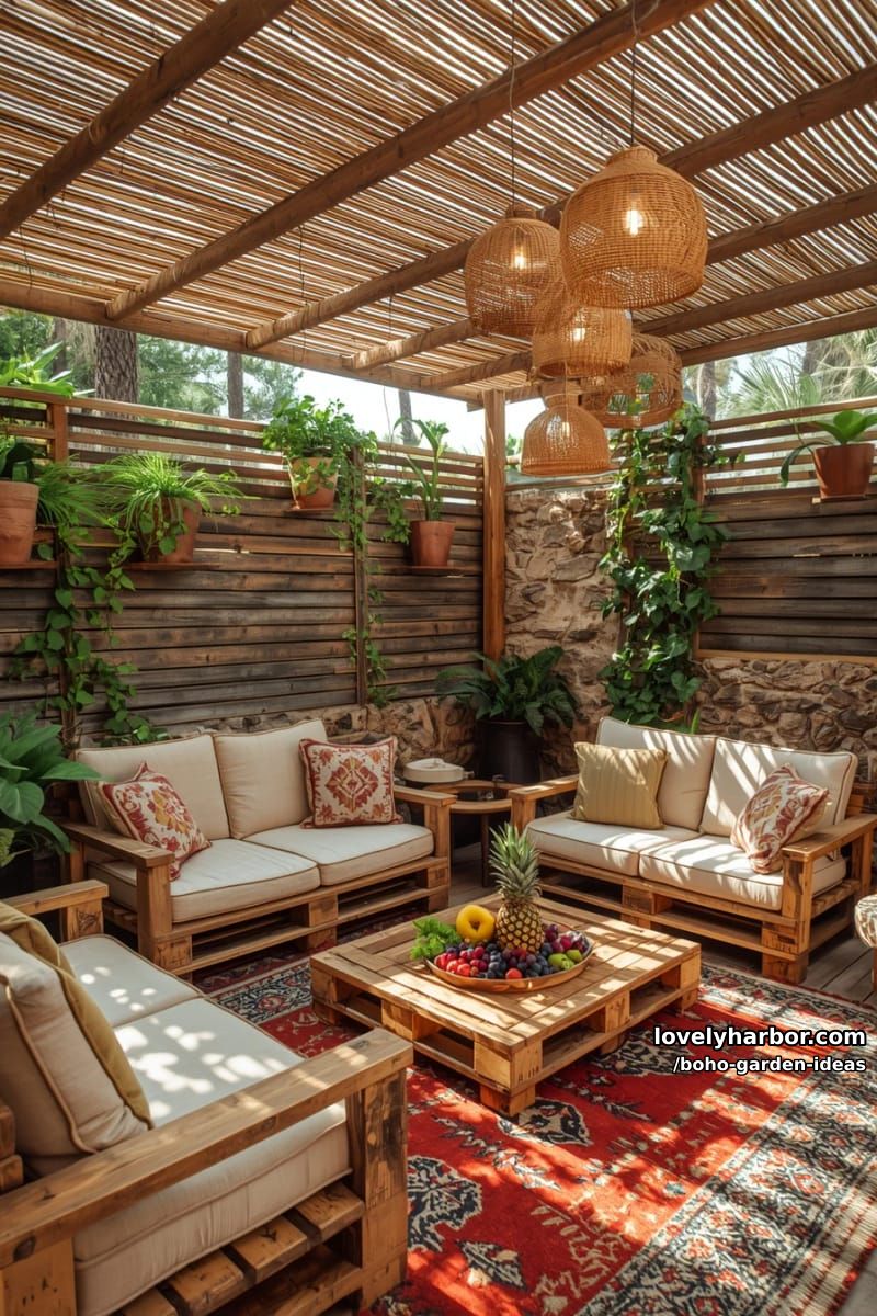 20 Boho Garden Ideas to Perk Up Your Space 34 rustic pallet furniture, embroidered pillows, bamboo pergola, and woven lights. 1