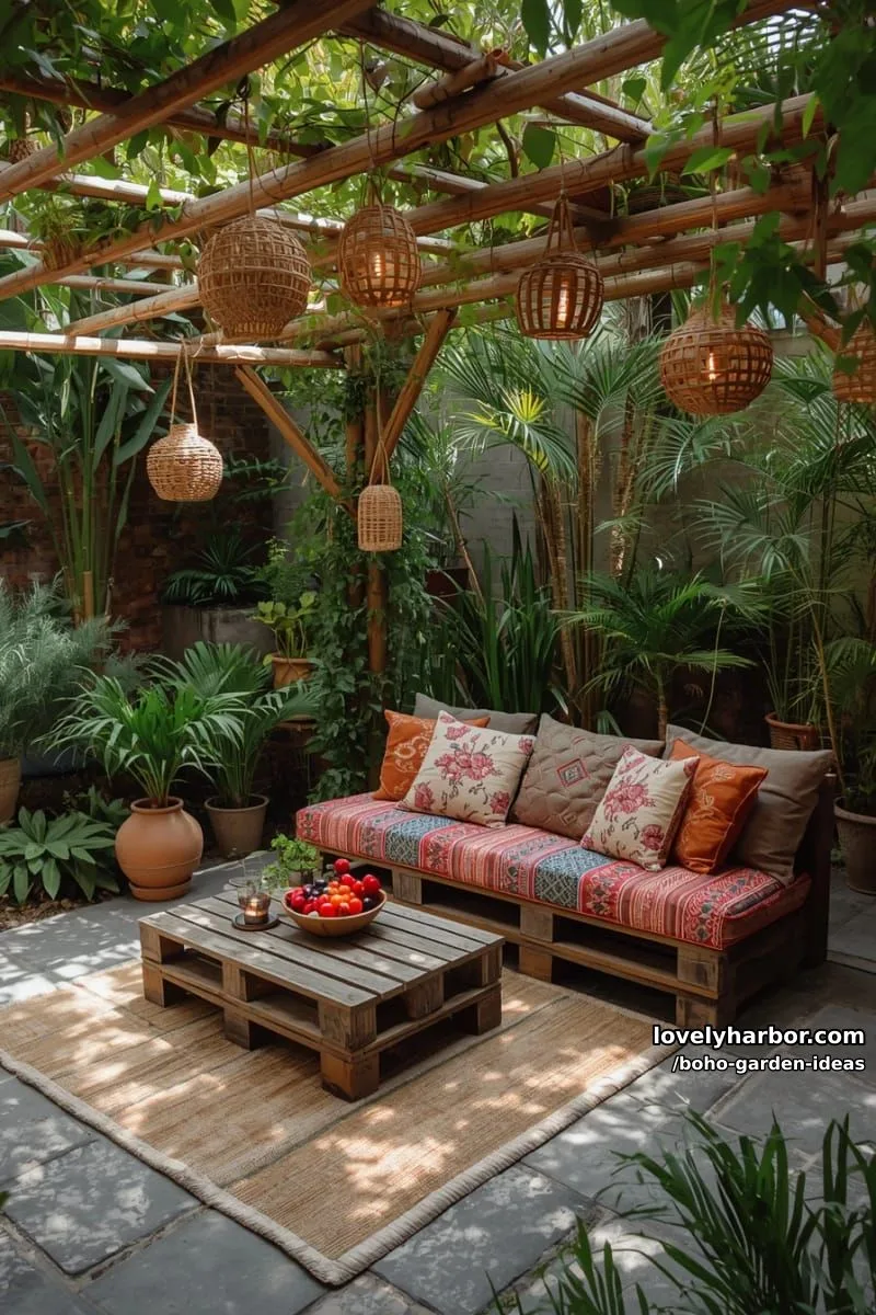 rustic pallet furniture, embroidered pillows, bamboo pergola, and woven lights. 1