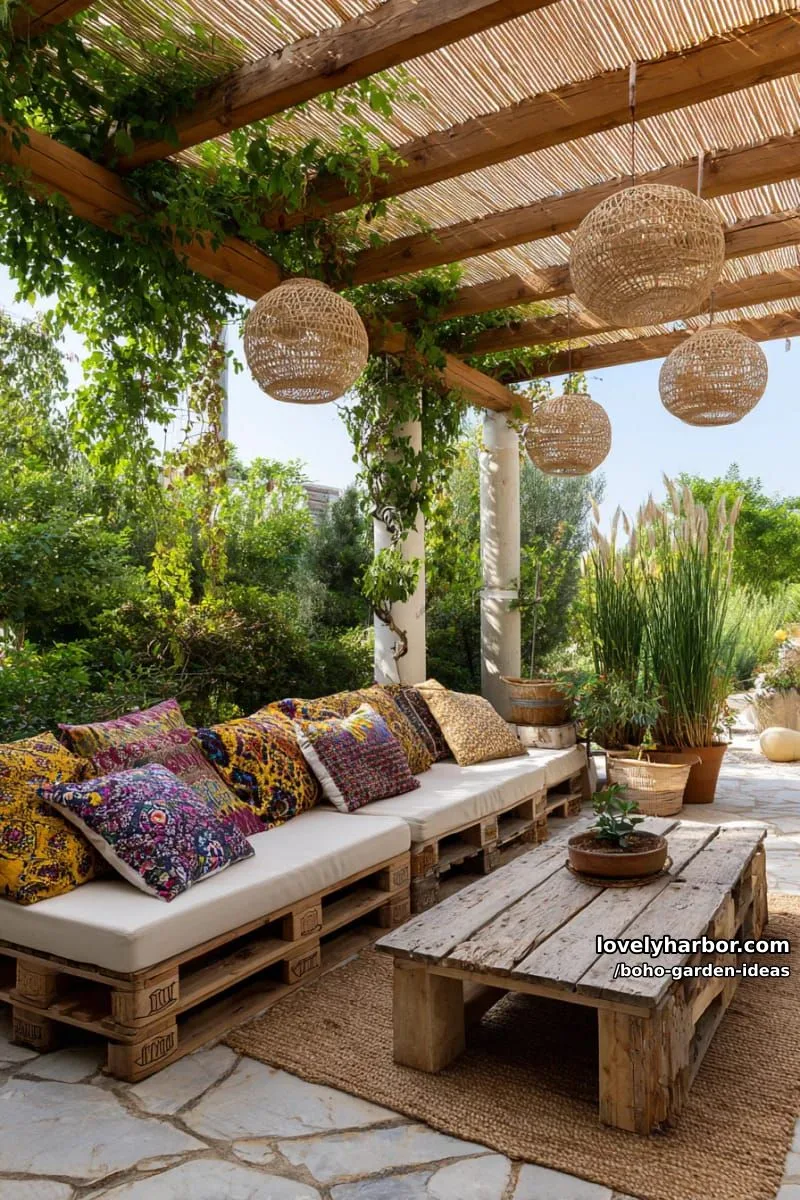 rustic pallet furniture, embroidered pillows, bamboo pergola, and woven lights. 1