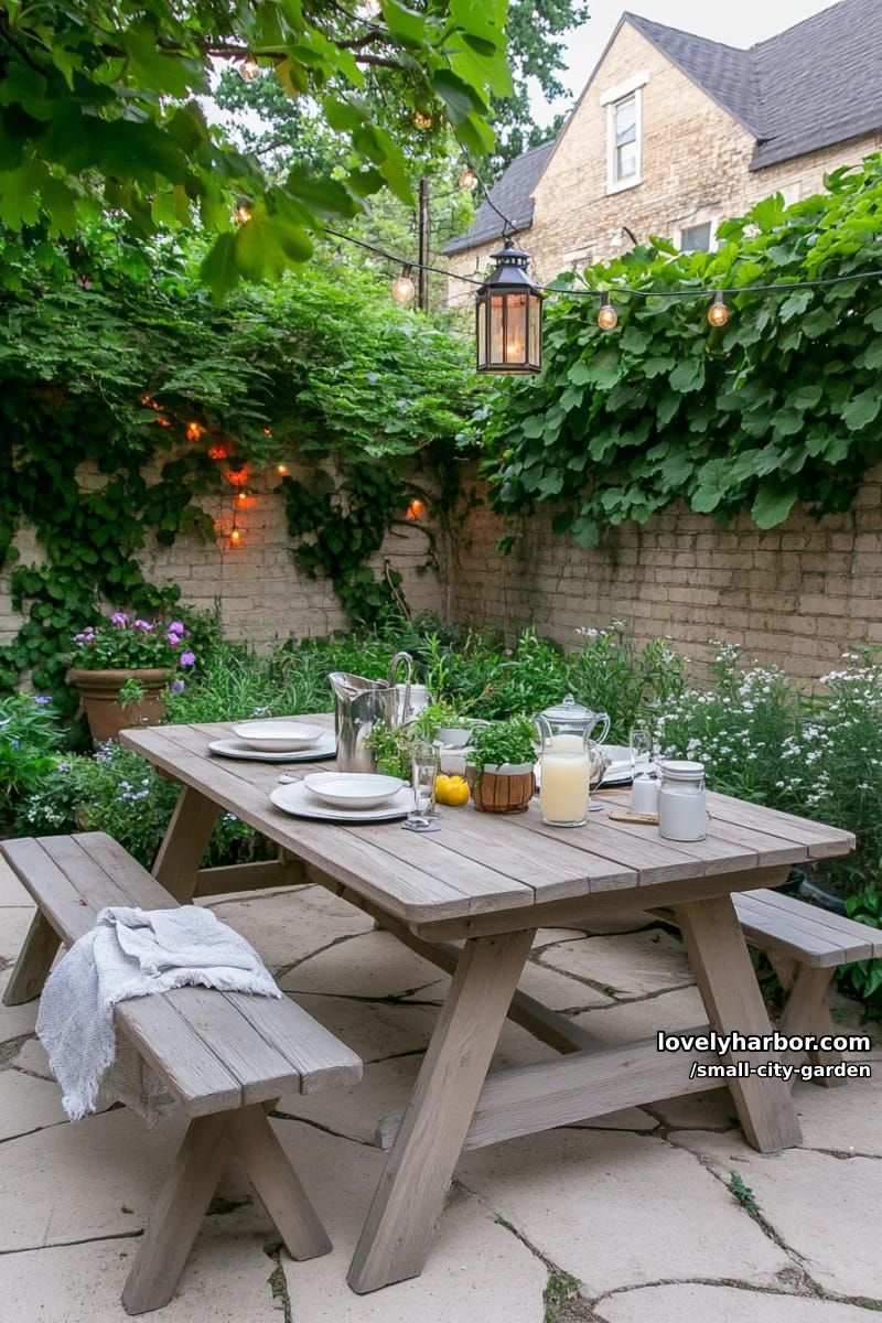 20 Small City Garden To Transform Your Space 31 rustic picnic table on stone patio, surrounded by foliage and flowering plants. 1