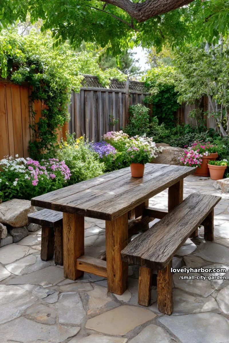20 Small City Garden To Transform Your Space 31 rustic picnic table on stone patio, surrounded by foliage and flowering plants. 1