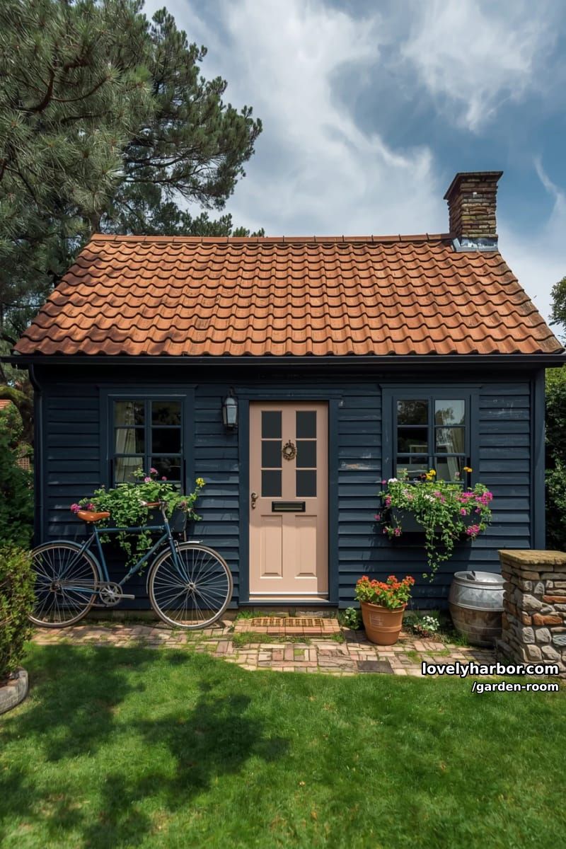 rustic wooden cottage with blue siding, pink door, and garden decor. 1