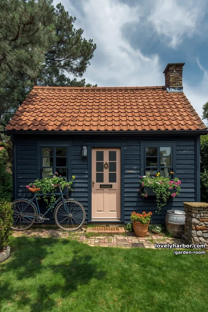 rustic wooden cottage with blue siding, pink door, and garden decor. 1