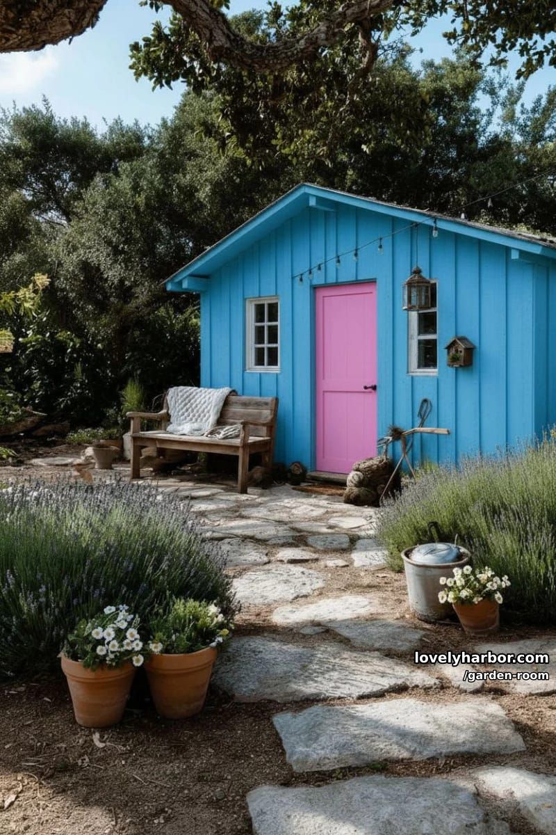 rustic wooden cottage with blue siding, pink door, and garden decor. 1