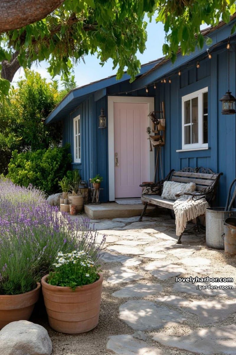 rustic wooden cottage with blue siding, pink door, and garden decor. 1