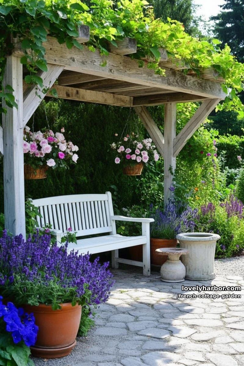 rustic wooden pergola with lavender-filled garden beds and cozy bench 1