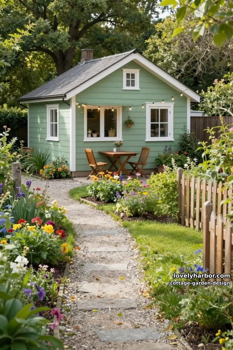 sage green cottage with cottagecore backyard, string lights, and flower beds 1