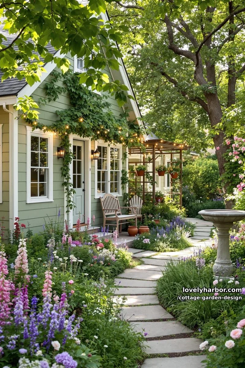 sage green cottage with cottagecore backyard, string lights, and flower beds 1
