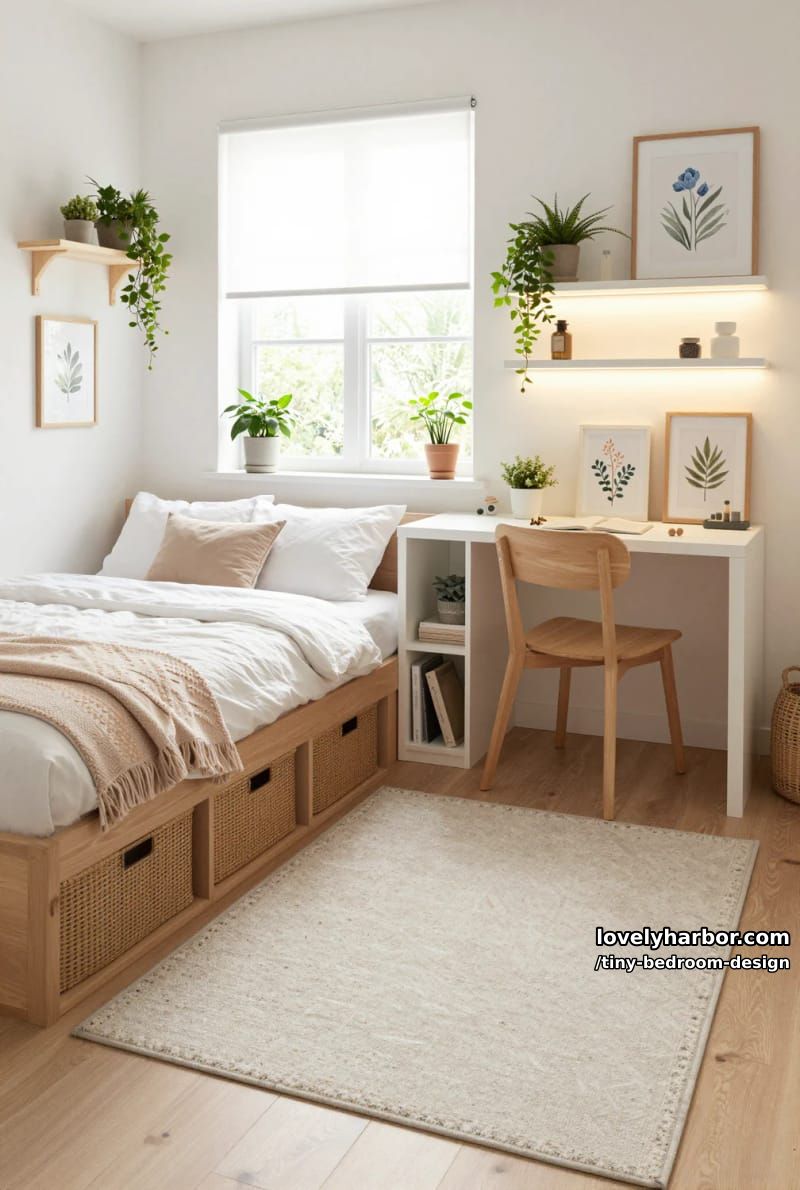 scandinavian bedroom with white bedding, built-in storage, and potted plants. 1