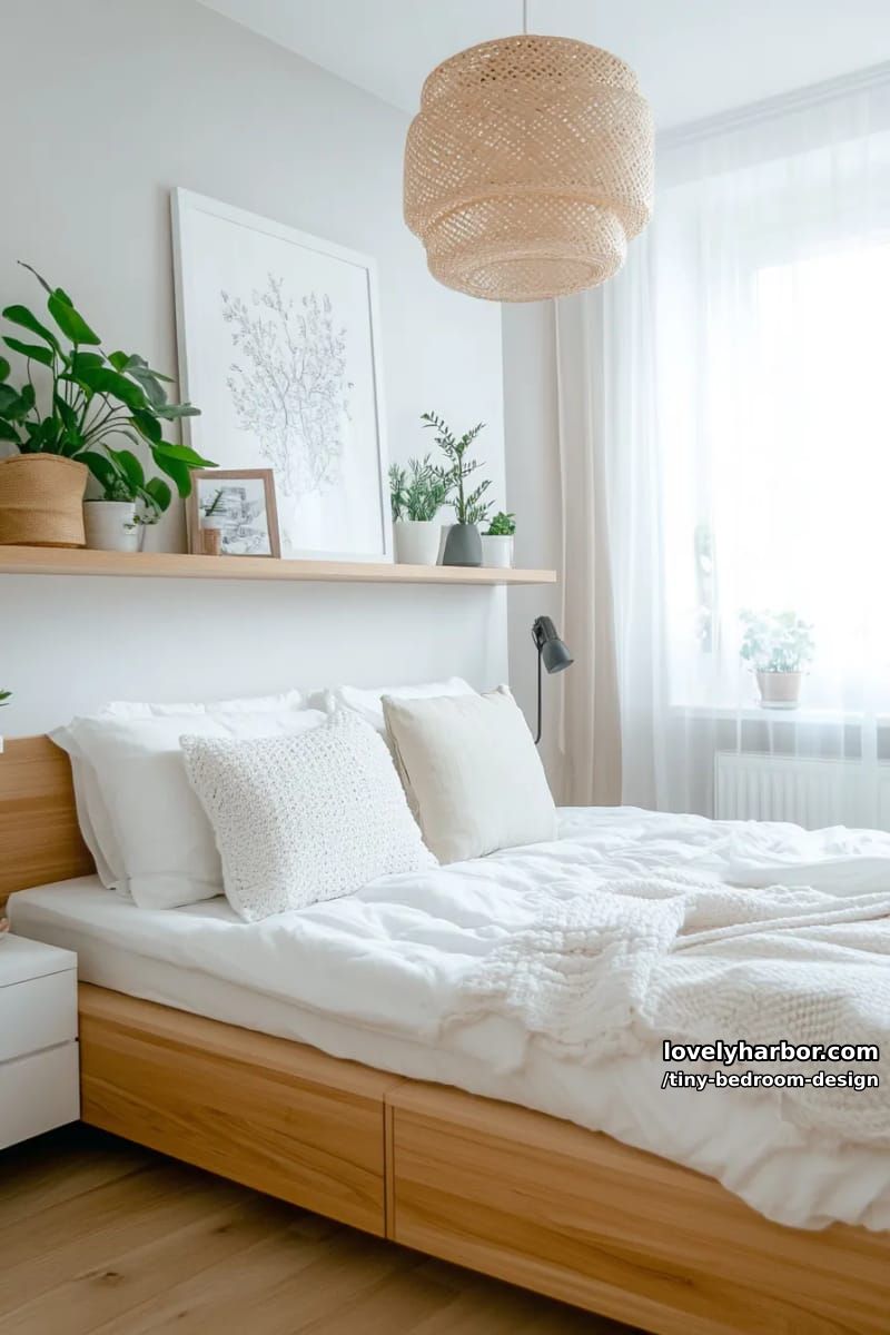 scandinavian bedroom with white bedding, built-in storage, and potted plants. 1