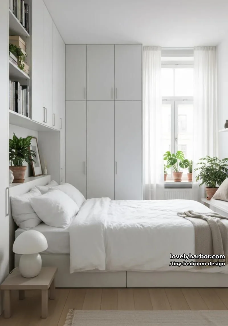 scandinavian bedroom with white bedding, built-in storage, and potted plants. 1